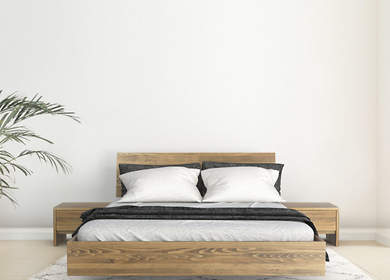 Sypialnia bukowa BALLEGA: łóżko lewitujące z pojemnikiem na pościel + dwie szafki nocne + materac