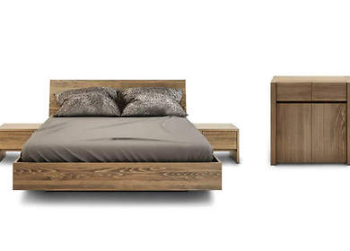 Sypialnia bukowa BALLEGA: łóżko lewitujące z pojemnikiem na pościel + dwie szafki nocne + komoda