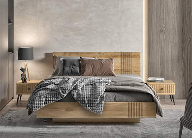 Sypialnia dębowa TRYSIL: łóżko lewitujące, szafki, komoda