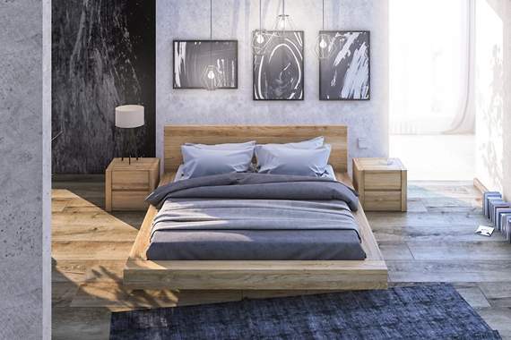 Zestaw GOLIAT z litego drewna DĄB – łoże lewitujące z poj. na pościel, 140x200 cm pod materac plus dwie szafki